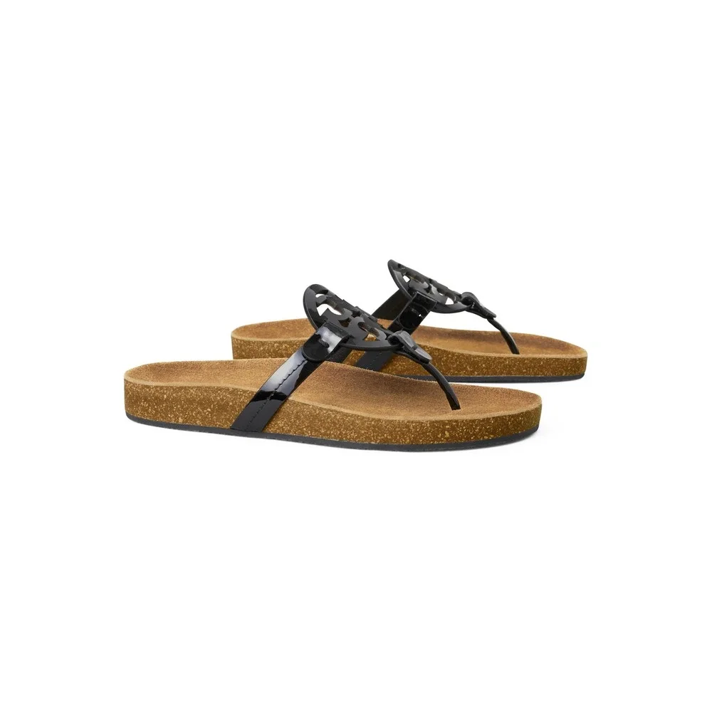 Tory Burch Miller Cloud Sandals Black Patent Leather Cork Size 6.5‎